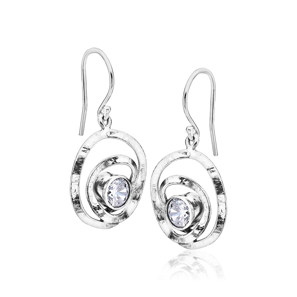 925 Sterling Silver Dangle Drop Earrings Free Form With 2 White Round Cubic Zirconia, Antique finish, Hypoallergenic, Nickel and Lead-free, French Wire Earring Back