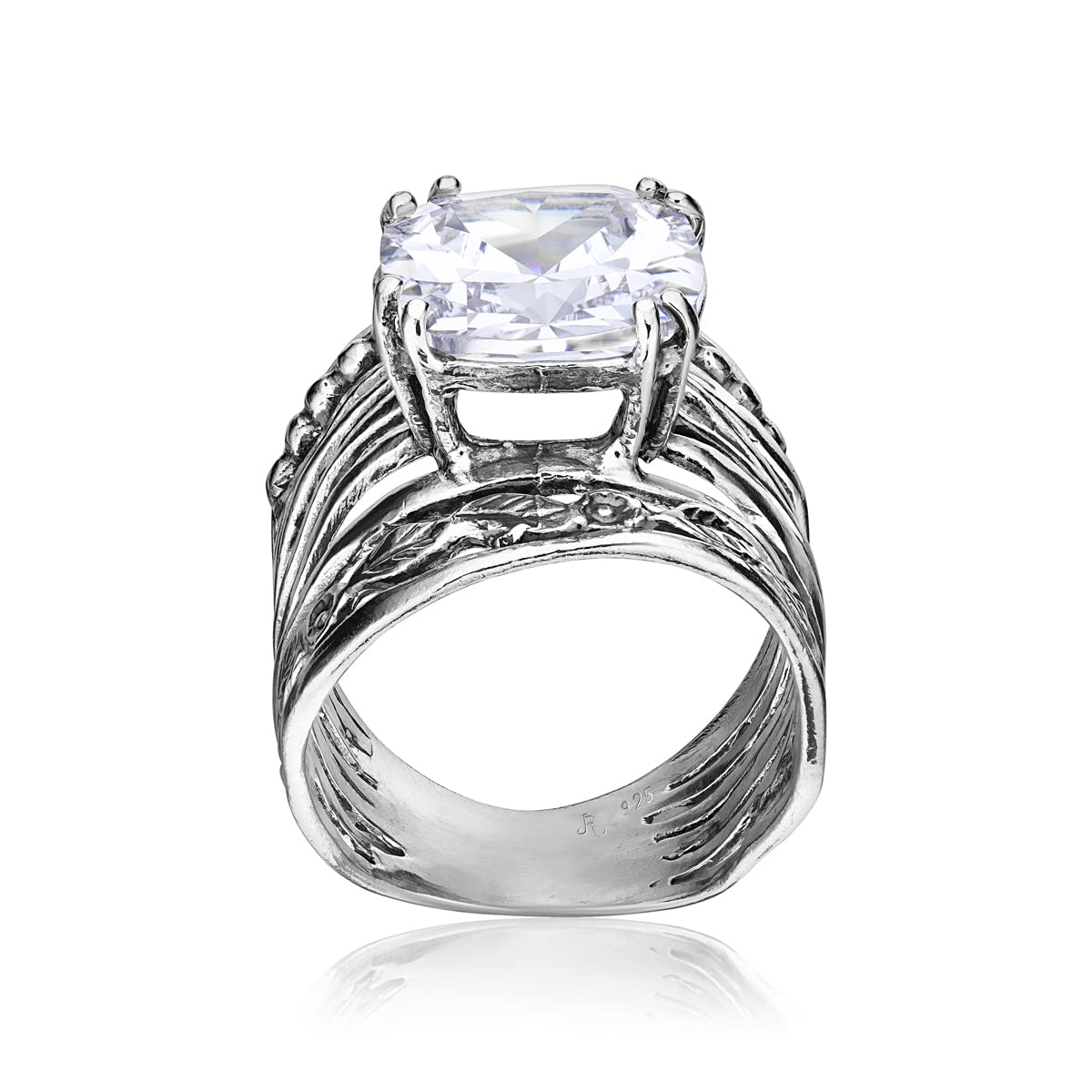 JEAN RACHEL JEWELRY 925 Sterling Silver Ring With 12mm White Cushion Cubic Zirconia Prong Hypoallergenic, Nickel and Lead-free, Facet Cut, Artisan Handcrafted Designer Collection, Made in Israel