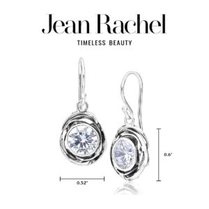 925 Sterling Silver Hanging Earrings w/White Round Cubic Zirconia Antique Finish Wrapped Bezel Nested in CZ, Hypoallergenic, Nickel & Lead-free, Artisan Handcrafted Designer, French Wire Earring Back