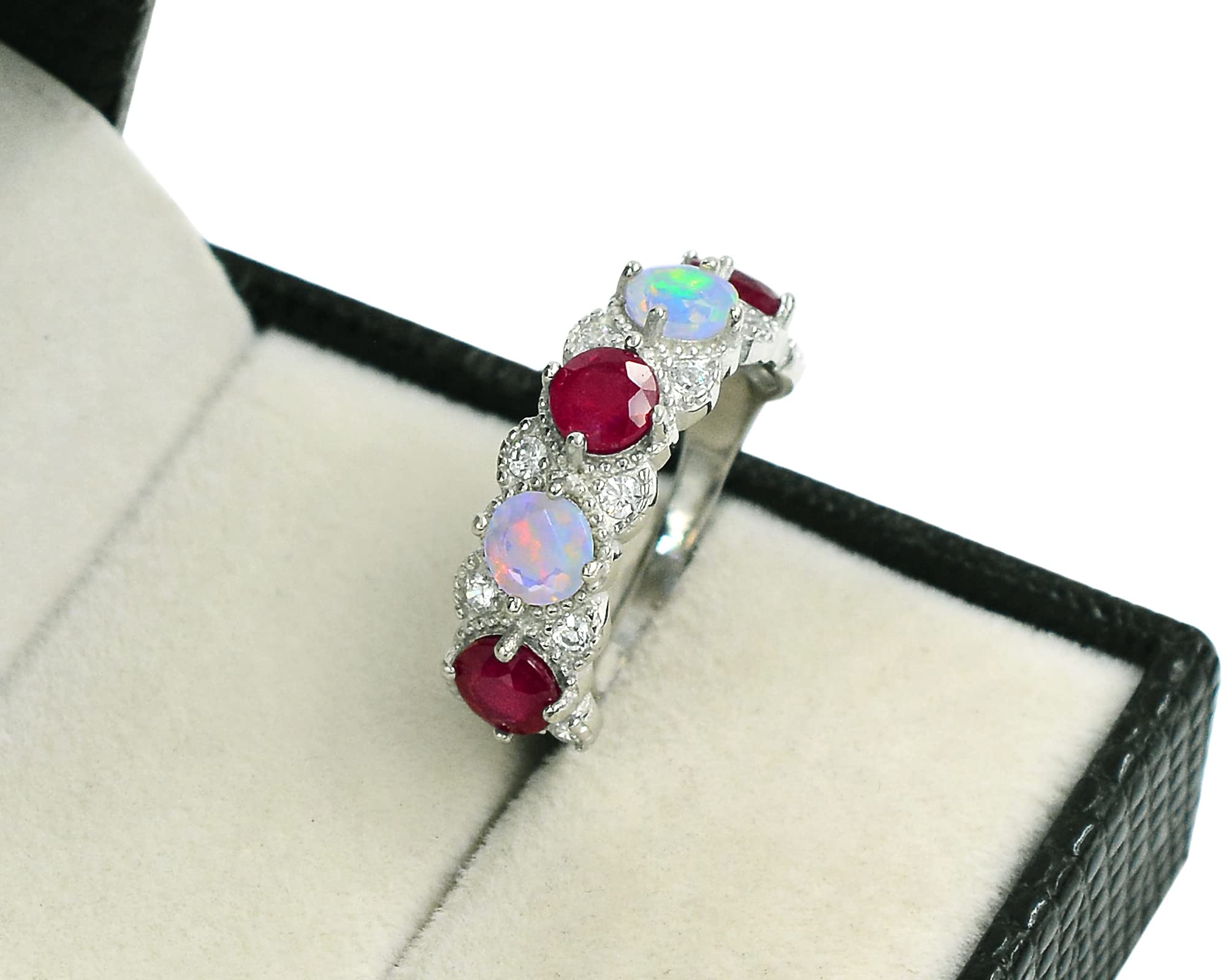 October Birthstone Natural Red Ruby Cut Opal Gemstone 925 Sterling Silver Cluster Proposal Ring Wedding Jewelry Bridal Ring Birthday Gift For Wife (Yellow Gold Rhodium Plated Silver, 8.5)