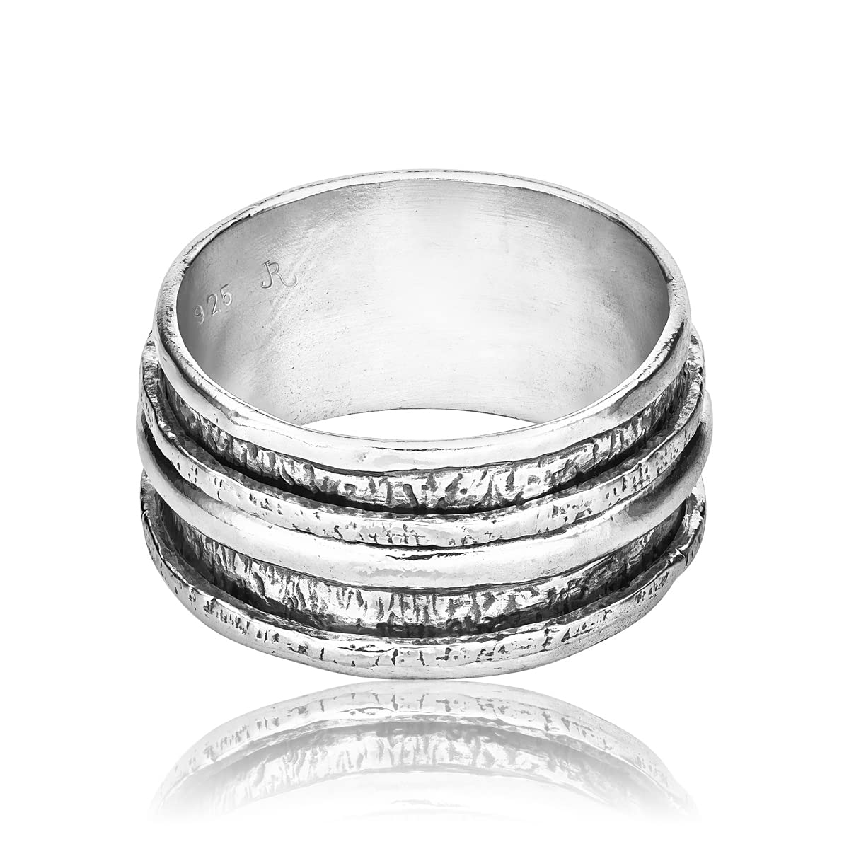 JEAN RACHEL JEWELRY 925 Sterling Silver Rotating Spinner Ring With 2 925 Silver Hammered Spinner Rings, Hypoallergenic Nickel and Lead-free, Artisan Handcrafted Designer Collection, Made in Israel