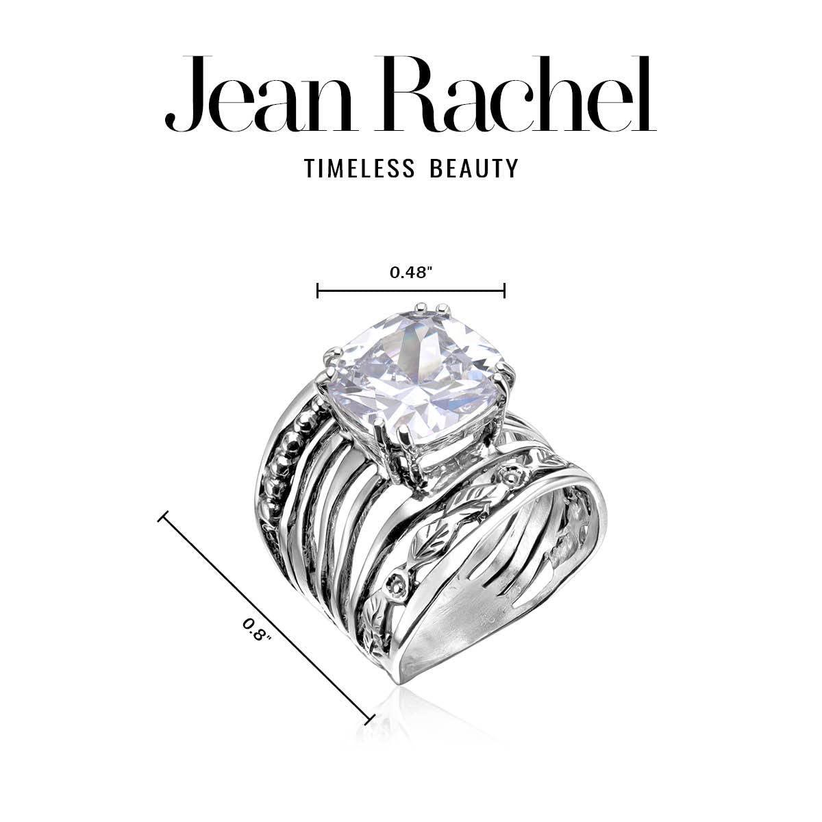 JEAN RACHEL JEWELRY 925 Sterling Silver Ring With 12mm White Cushion Cubic Zirconia Prong Hypoallergenic, Nickel and Lead-free, Facet Cut, Artisan Handcrafted Designer Collection, Made in Israel