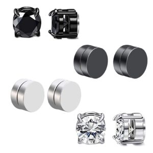 pugest 4 pairs stainless steel stud earrings set - round clip on stud earrings hypoallergenic 6mm cz studs earrings not easy to fall off suitable for men women daily wear birthday dating (black and silver)