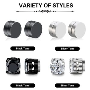 Pugest 4 Pairs Stainless Steel Stud Earrings Set - Round Clip On Stud Earrings Hypoallergenic 6mm CZ Studs Earrings Not Easy To Fall Off Suitable For Men Women Daily Wear Birthday Dating (black and silver)