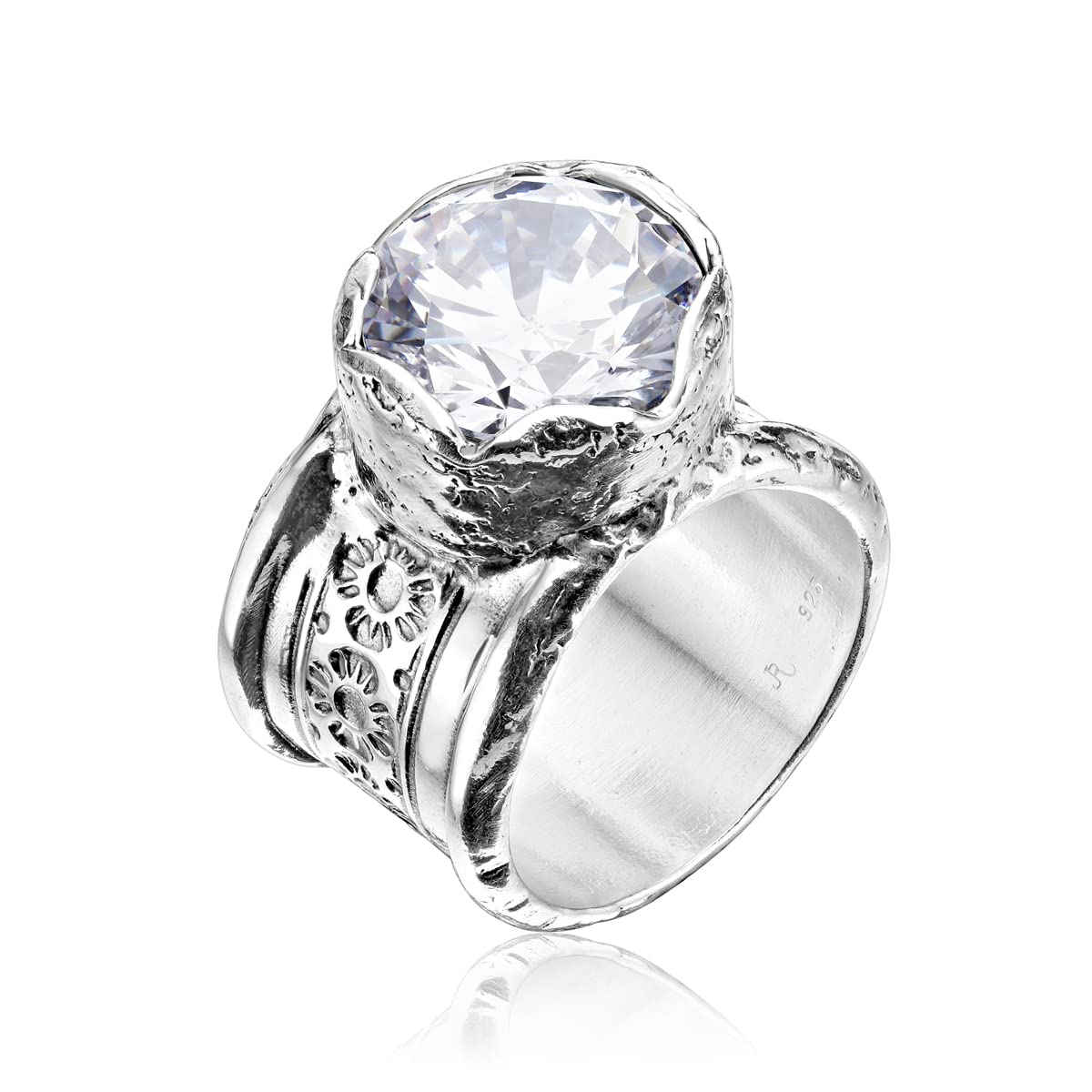 925 Sterling Silver Wide Engraved Floral Band Ring With White Round Cubic Zirconia Sculptured Bezel Hypoallergenic Nickel & Lead-free Artisan Handcrafted Designer Collection, Made in Israel