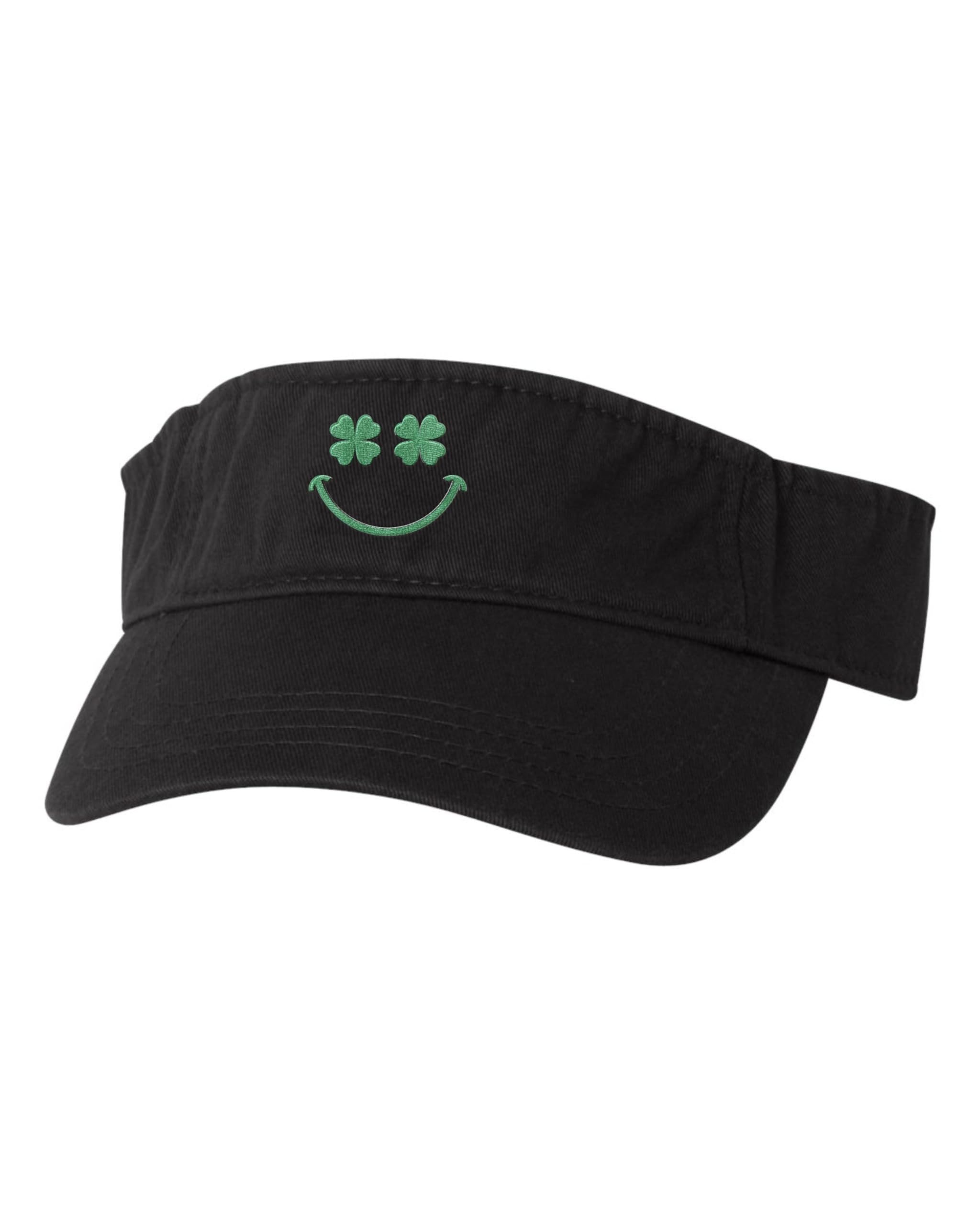 Go All Out One Size Black Visor Shamrock Smiling Face | Positive, Happy, Smile Embroidered Visor Dad Hat