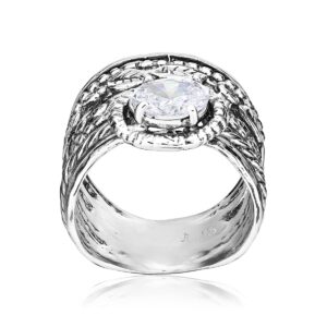 925 Sterling Silver Ring w/ White Cubic Zirconia Oval Shape Prong Multiple Bands Rich Stack Look Hypoallergenic Nickel and Lead-free Artisan Handcrafted Designer Collection, Made In Israel