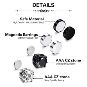 Pugest 4 Pairs Stainless Steel Stud Earrings Set - Round Clip On Stud Earrings Hypoallergenic 6mm CZ Studs Earrings Not Easy To Fall Off Suitable For Men Women Daily Wear Birthday Dating (black and silver)