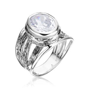 JEAN RACHEL JEWELRY 925 Sterling Silver Ring With White Oval Clear Cubic Zirconia Bezel, Hypoallergenic, Nickel and Lead-free, Artisan Handcrafted Designer Collection, Made in Israel