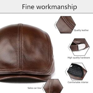 HAEAUL Men's Adjustable Leather Newsboy Hat Beret Hat Driving Hunting Fishing Hat Genuine Leather Ivy Cap Fashion Beret Hat Flat Cap. (Brown)