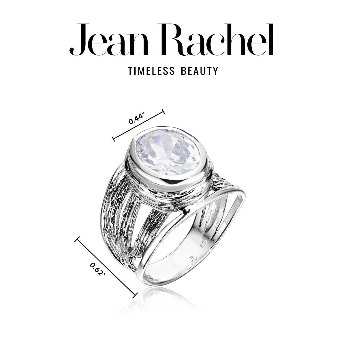 JEAN RACHEL JEWELRY 925 Sterling Silver Ring With White Oval Clear Cubic Zirconia Bezel, Hypoallergenic, Nickel and Lead-free, Artisan Handcrafted Designer Collection, Made in Israel