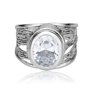 JEAN RACHEL JEWELRY 925 Sterling Silver Ring With White Oval Clear Cubic Zirconia Bezel, Hypoallergenic, Nickel and Lead-free, Artisan Handcrafted Designer Collection, Made in Israel