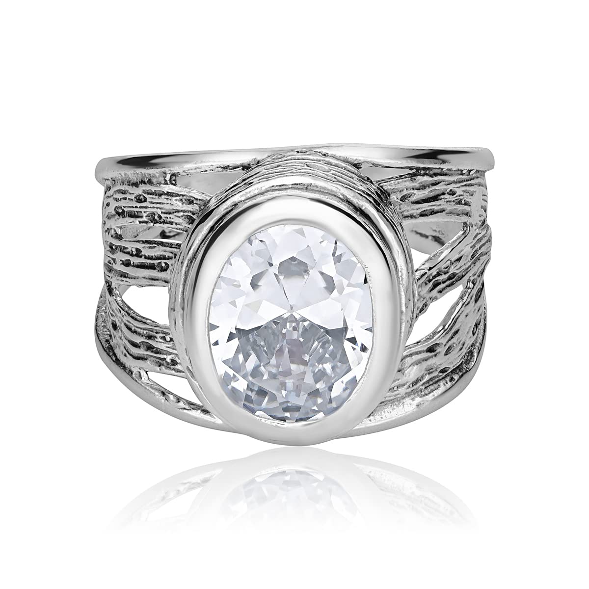 JEAN RACHEL JEWELRY 925 Sterling Silver Ring With White Oval Clear Cubic Zirconia Bezel, Hypoallergenic, Nickel and Lead-free, Artisan Handcrafted Designer Collection, Made in Israel