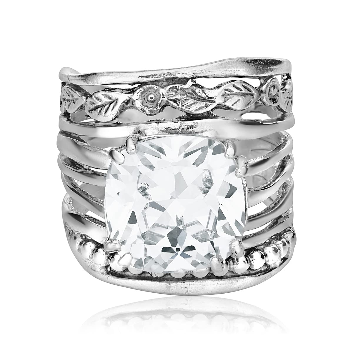 JEAN RACHEL JEWELRY 925 Sterling Silver Ring With 12mm White Cushion Cubic Zirconia Prong Hypoallergenic, Nickel and Lead-free, Facet Cut, Artisan Handcrafted Designer Collection, Made in Israel