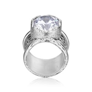 925 Sterling Silver Wide Engraved Floral Band Ring With White Round Cubic Zirconia Sculptured Bezel Hypoallergenic Nickel & Lead-free Artisan Handcrafted Designer Collection, Made in Israel