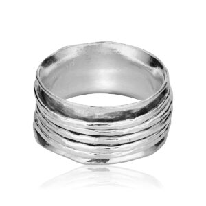 925 Sterling Silver Rotating Spinner Ring Wrapped With 5 Hammerd Spinner Rings, Stylish, Hypoallergenic, Nickel and Lead-free, Artisan Handcrafted Designer Collection, Made in Israel