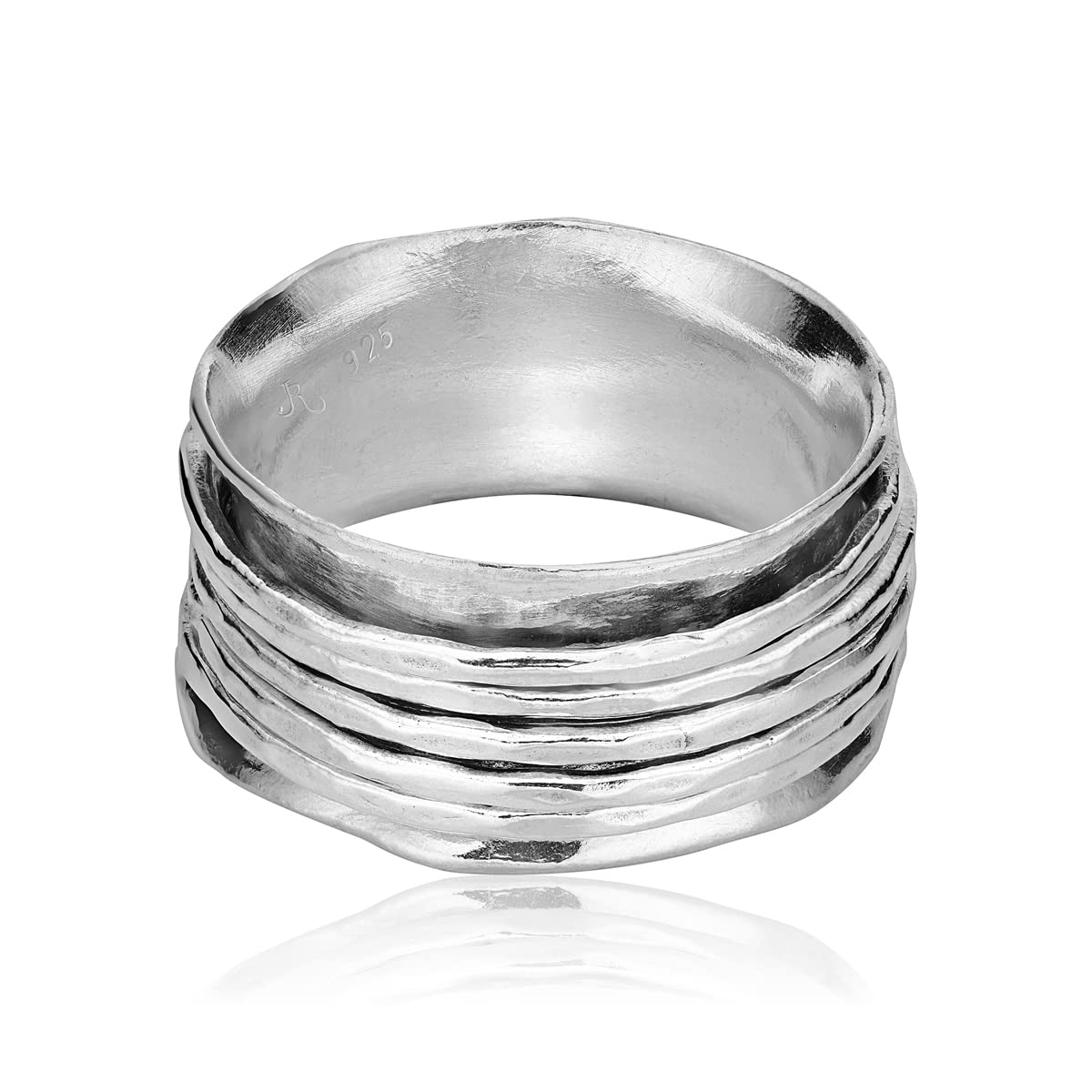 925 Sterling Silver Rotating Spinner Ring Wrapped With 5 Hammerd Spinner Rings, Stylish, Hypoallergenic, Nickel and Lead-free, Artisan Handcrafted Designer Collection, Made in Israel