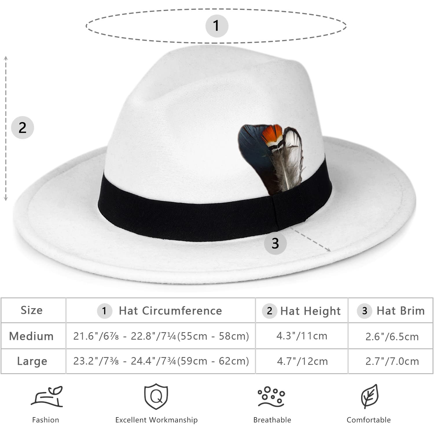 FADACHY Classic Fedora Hat for Men & Women Wide Brim Felt Hat Panama Dress Hat White Fedora