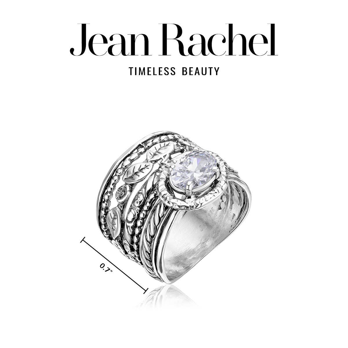 925 Sterling Silver Ring w/ White Cubic Zirconia Oval Shape Prong Multiple Bands Rich Stack Look Hypoallergenic Nickel and Lead-free Artisan Handcrafted Designer Collection, Made In Israel