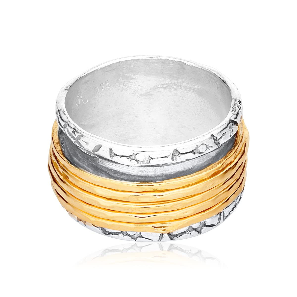 JEAN RACHEL JEWELRY 925 Sterling Silver Rotating Spinner Ring With 5 One Micron 14K Gold Plated, Hypoallergenic, Nickel and Lead-free, Artisan Handcrafted Designer Collection, Made in Israel