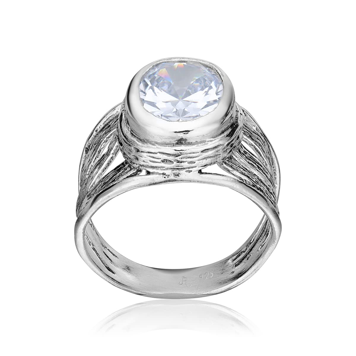 JEAN RACHEL JEWELRY 925 Sterling Silver Ring With White Oval Clear Cubic Zirconia Bezel, Hypoallergenic, Nickel and Lead-free, Artisan Handcrafted Designer Collection, Made in Israel