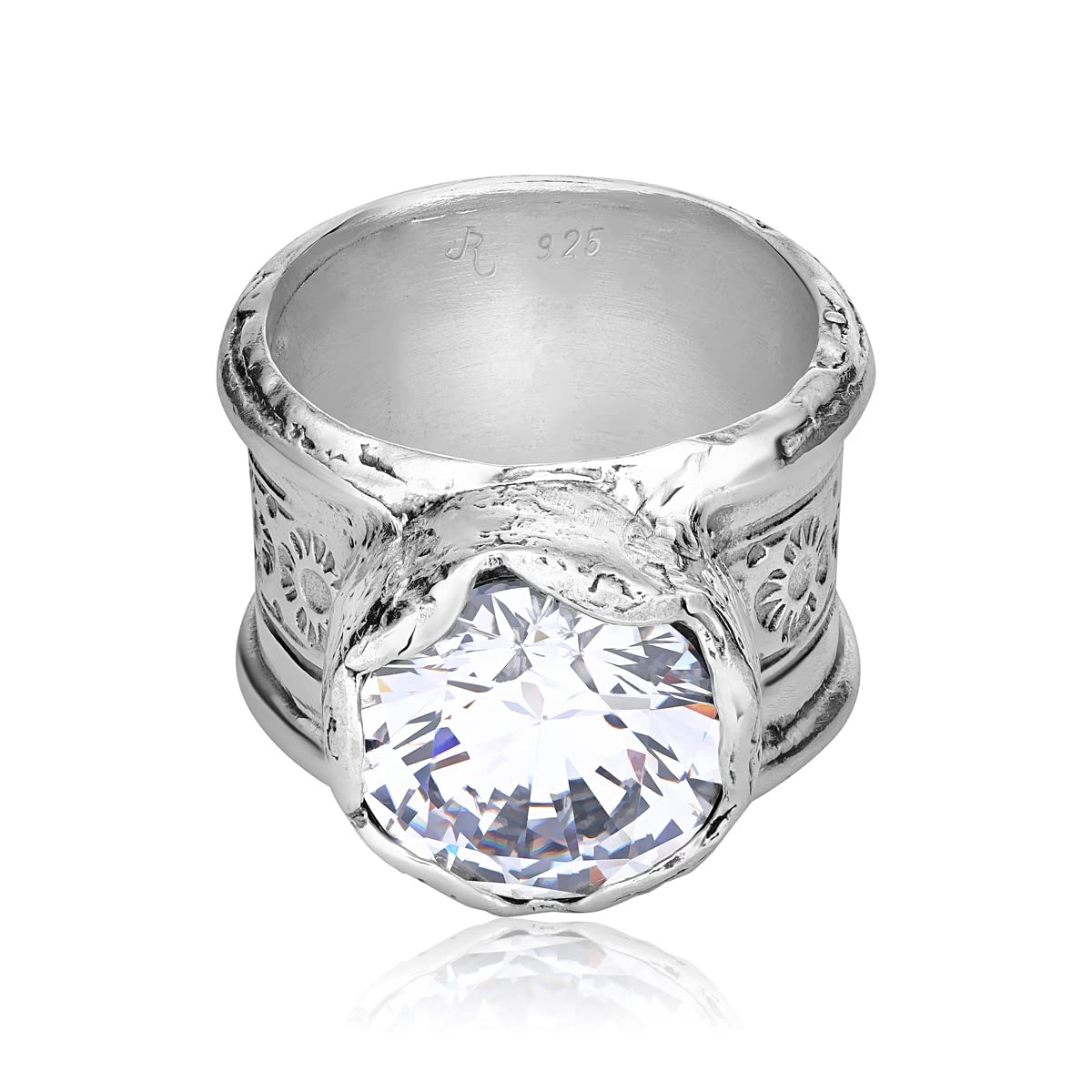 925 Sterling Silver Wide Engraved Floral Band Ring With White Round Cubic Zirconia Sculptured Bezel Hypoallergenic Nickel & Lead-free Artisan Handcrafted Designer Collection, Made in Israel