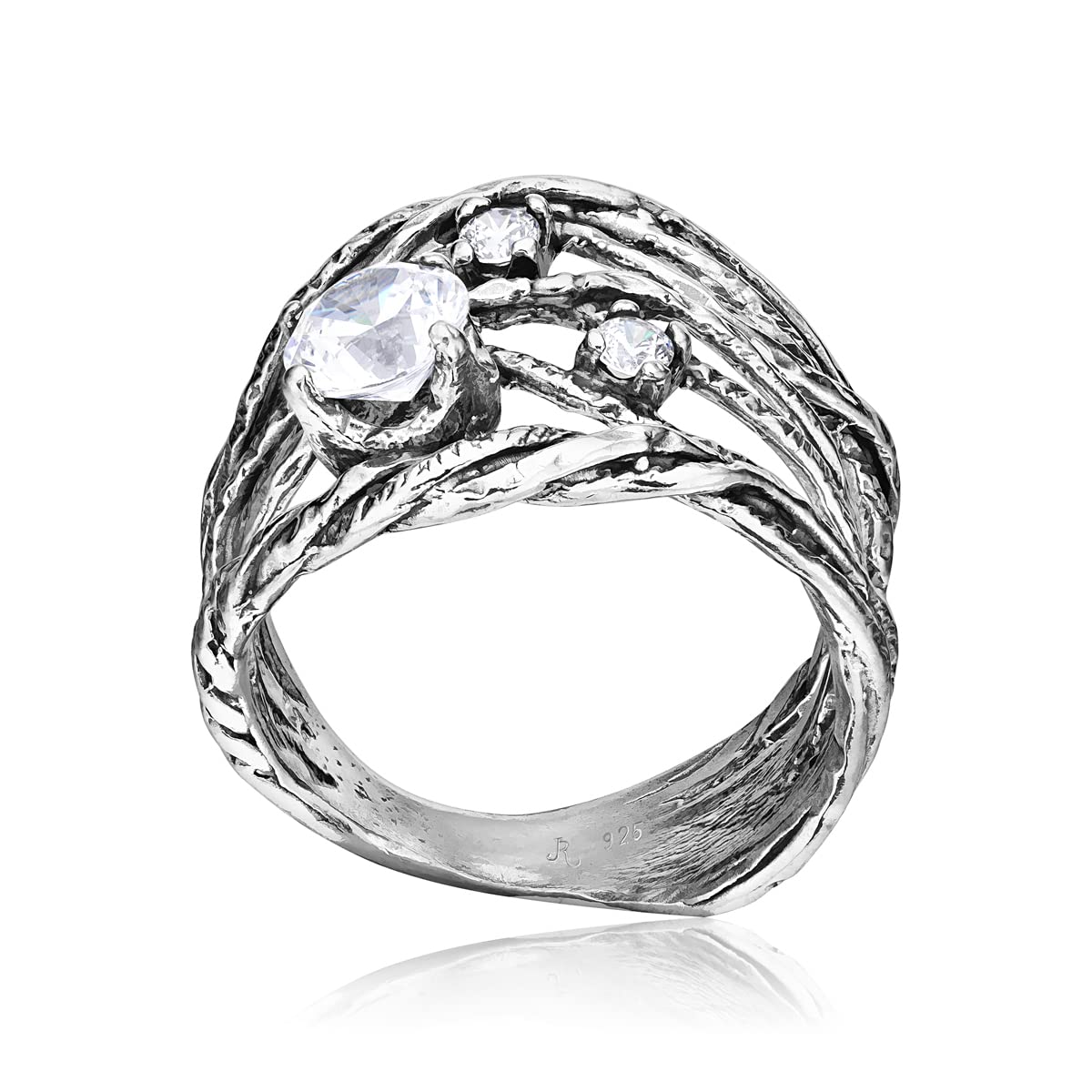 JEAN RACHEL JEWELRY 925 Sterling Silver Ring With White Round Clear Cubic Zirconia Prong Hypoallergenic Nickel and Lead-free Artisan Handcrafted Designer Collection, Made in Israel