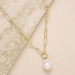 Ettika Gold Necklace. Pearl Necklace. Women Necklaces, Freshwater Pearl Pendant. 18K Gold Plated Necklaces. Gold Paperclip Chain, Jewelry