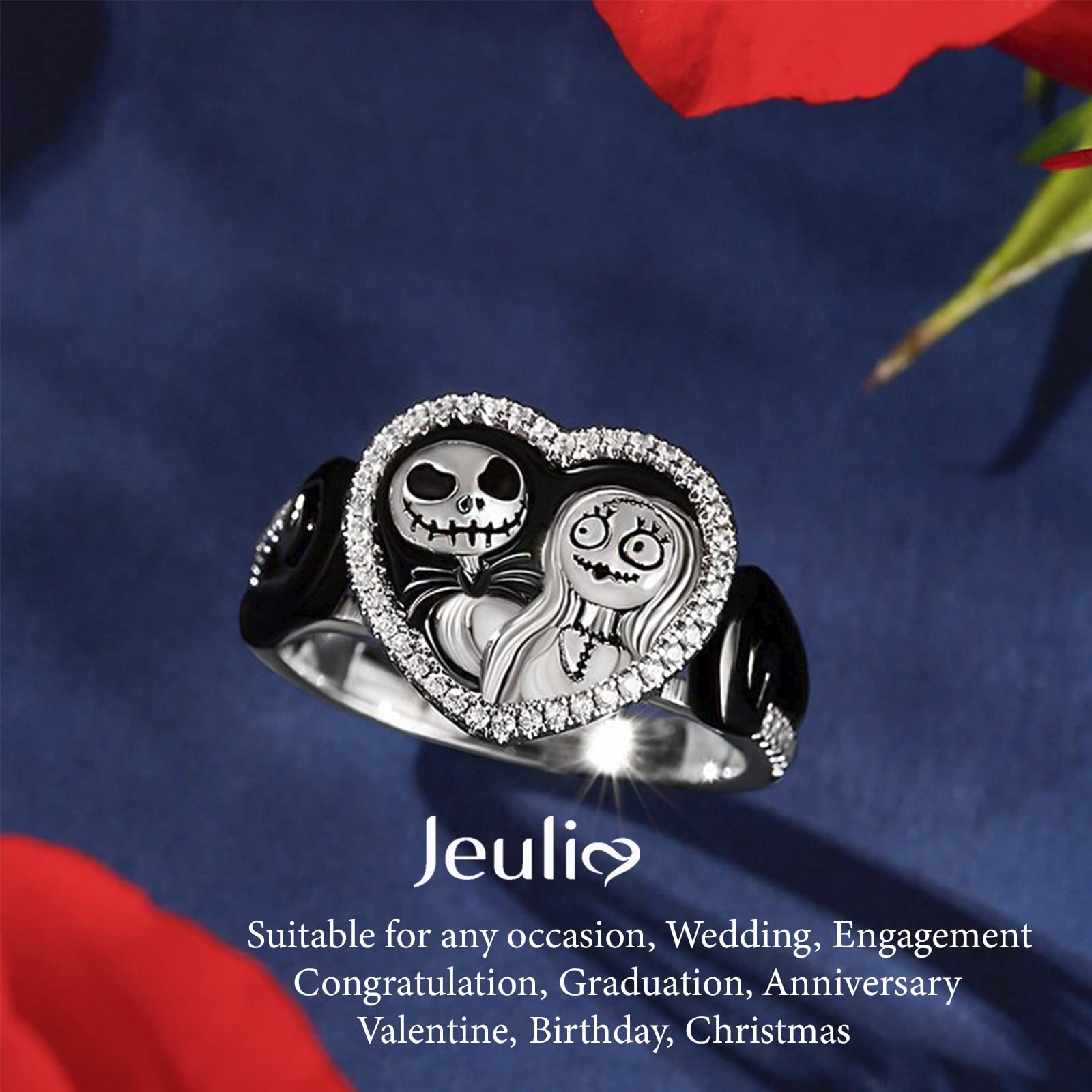 Jeulia Pumpkin King Skull Couple Round Cut Sterling Silver Ring Two Tone Halloween Mini Skull Band for Women Men Girlfriend Engagement Wedding Anniversary Valentine’s Day Birthday With Jewelry Box,