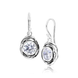 925 Sterling Silver Hanging Earrings w/White Round Cubic Zirconia Antique Finish Wrapped Bezel Nested in CZ, Hypoallergenic, Nickel & Lead-free, Artisan Handcrafted Designer, French Wire Earring Back