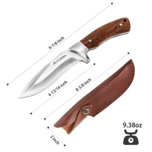 Flissa Fixed Blade Knife with Sheath, 9.8'' Full Tang Hunting Knife with High Carbon Steel Blade, Non-Slip Rose Wooden Handle, Lanyard Hole, Camping Knife for Hiking, Outdoor, Hunting, Survival, Camping