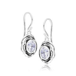 925 Sterling Silver Hanging Earrings w/White Round Cubic Zirconia Antique Finish Wrapped Bezel Nested in CZ, Hypoallergenic, Nickel & Lead-free, Artisan Handcrafted Designer, French Wire Earring Back