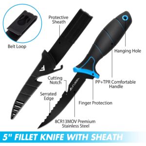 FLISSA Fish Fillet Knife, 5" Fishing Knife & Bait Knife with Protective Sheath, Non-Slip Handle, Belt Clip and Razor Sharp 8Cr13MoV Stainless-Steel Blade, Boning Knife for Meat Cutting Butchering