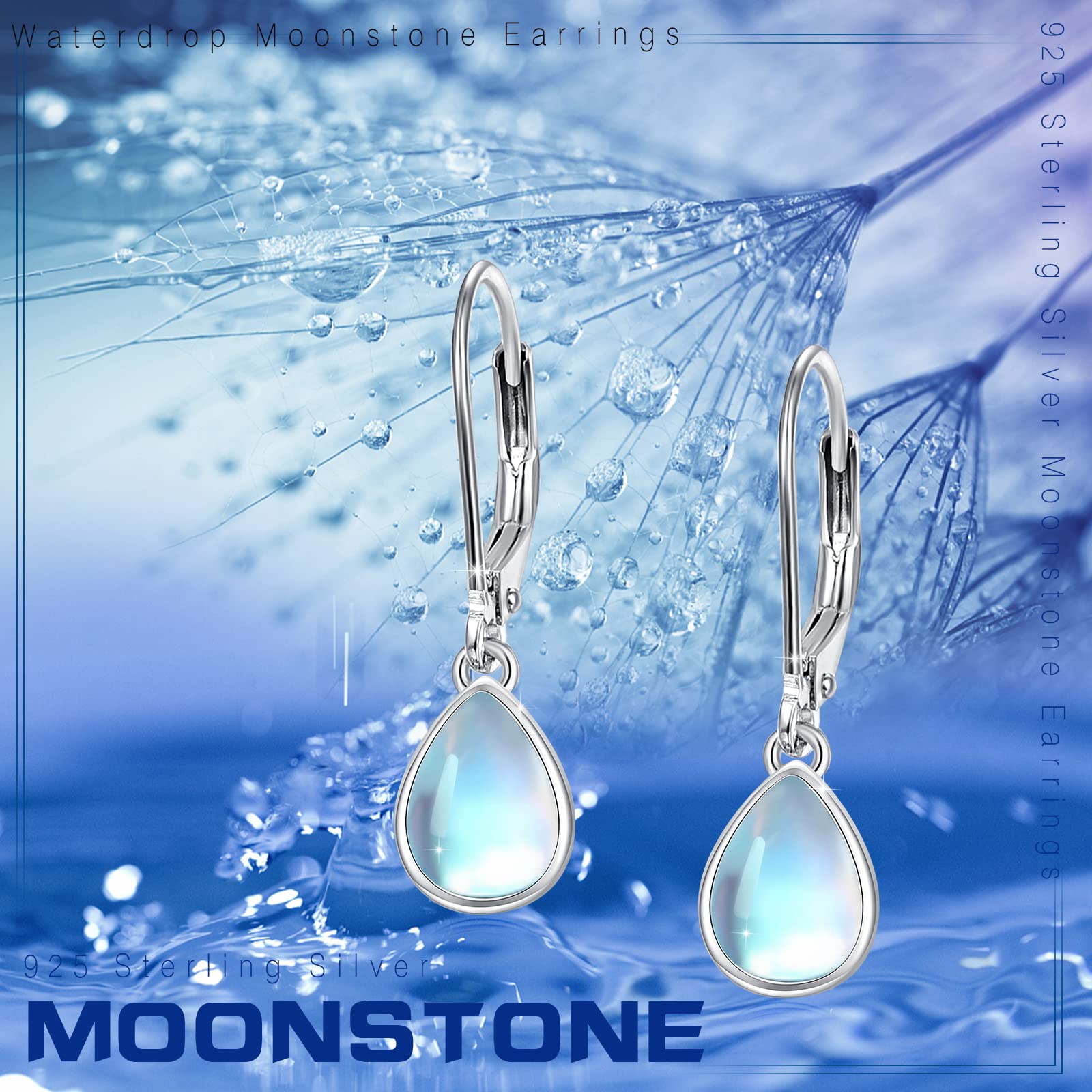 PCTJYFU Moonstone Earrings 925 Sterling Silver Rainbow Teardrop Moonstone Leverback Dangle Drop Earrings Jewelry Birthday for Women