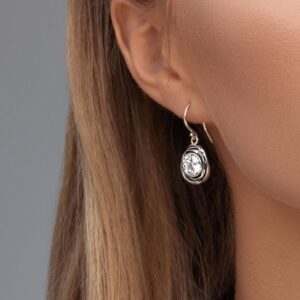 925 Sterling Silver Hanging Earrings w/White Round Cubic Zirconia Antique Finish Wrapped Bezel Nested in CZ, Hypoallergenic, Nickel & Lead-free, Artisan Handcrafted Designer, French Wire Earring Back