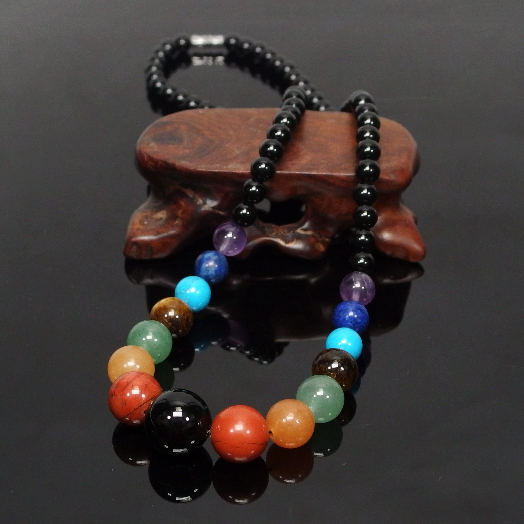 Ayriwoyi 7 Chakra Necklace for Women Natural Stone Necklace Healing Necklace for Women 20 inches Black Agate Beaded Gemstone Necklace