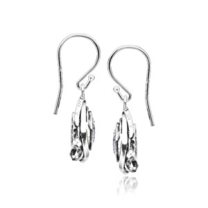 925 Sterling Silver Hanging Earrings w/White Round Cubic Zirconia Antique Finish Wrapped Bezel Nested in CZ, Hypoallergenic, Nickel & Lead-free, Artisan Handcrafted Designer, French Wire Earring Back