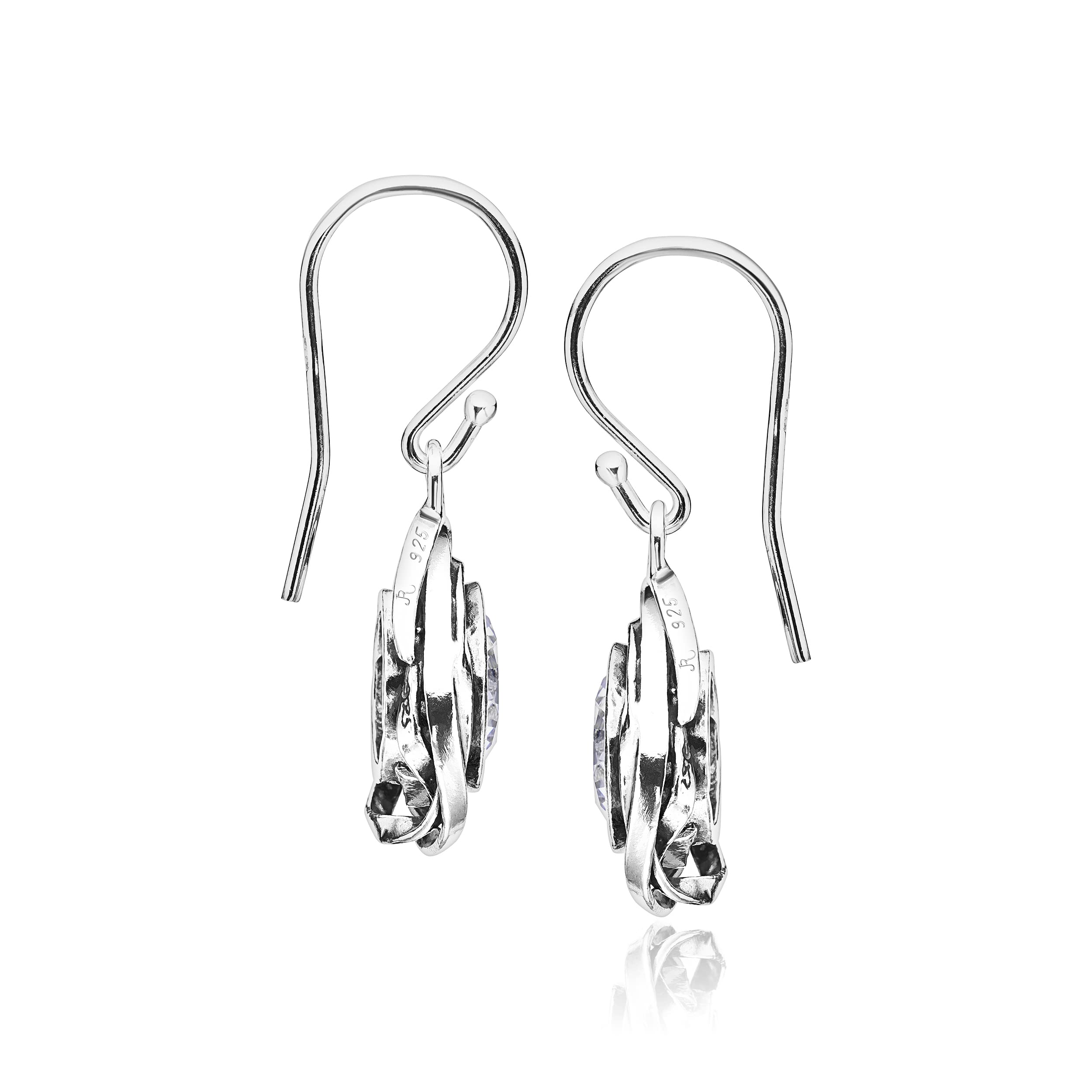 925 Sterling Silver Hanging Earrings w/White Round Cubic Zirconia Antique Finish Wrapped Bezel Nested in CZ, Hypoallergenic, Nickel & Lead-free, Artisan Handcrafted Designer, French Wire Earring Back