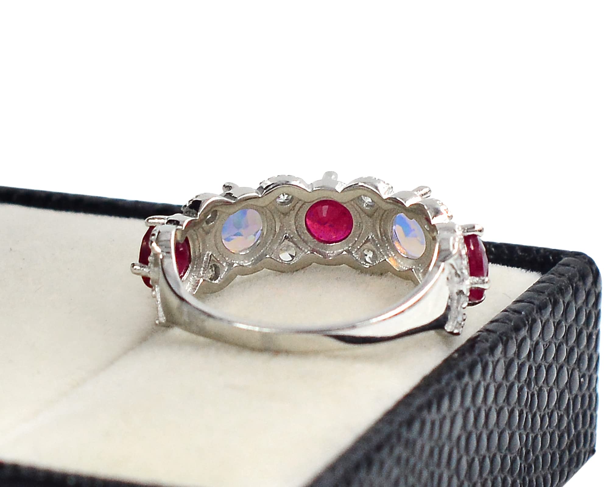 October Birthstone Natural Red Ruby Cut Opal Gemstone 925 Sterling Silver Cluster Proposal Ring Wedding Jewelry Bridal Ring Birthday Gift For Wife (Yellow Gold Rhodium Plated Silver, 8.5)