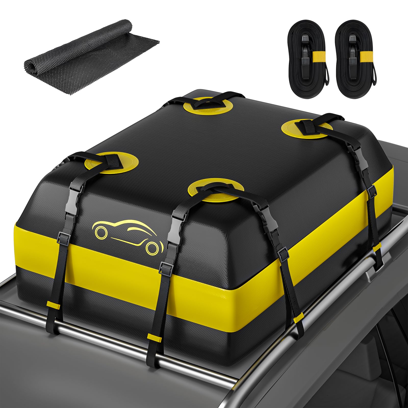 NABIYE Rooftop Car Cargo Carrier Bag 15 Cubic Feet, Waterproof Car Rooftop Bag with Anti-Slip Mat and 6 Door Hooks, Suitable for All Vehicle with/Without Rack