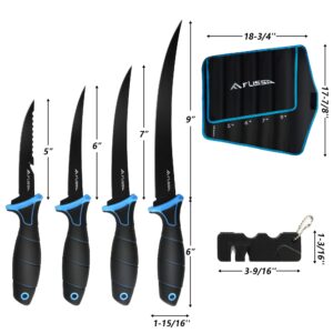 FLISSA Fillet Knife Set, Bait Knife with Knife Sharpener, Protective Sheath, Belt Clip, Portable Pouch & Corrosion Resistant Coating Blade, Professional Fishing Knife for Filleting and Boning(4-Piece)