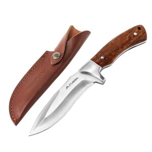 flissa fixed blade knife with sheath, 9.8'' full tang hunting knife with high carbon steel blade, non-slip rose wooden handle, lanyard hole, camping knife for hiking, outdoor, hunting, survival, camping