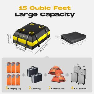 NABIYE Rooftop Car Cargo Carrier Bag 15 Cubic Feet, Waterproof Car Rooftop Bag with Anti-Slip Mat and 6 Door Hooks, Suitable for All Vehicle with/Without Rack