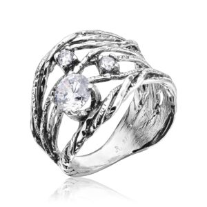 JEAN RACHEL JEWELRY 925 Sterling Silver Ring With White Round Clear Cubic Zirconia Prong Hypoallergenic Nickel and Lead-free Artisan Handcrafted Designer Collection, Made in Israel