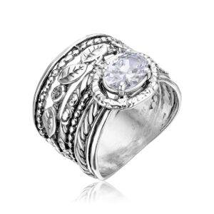 925 sterling silver ring w/ white cubic zirconia oval shape prong multiple bands rich stack look hypoallergenic nickel and lead-free artisan handcrafted designer collection, made in israel