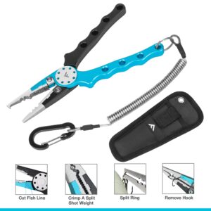 FLISSA 4PC Fishing Tool Kit, Fish Lip Gripper with Scale, Muti-Function Fishing Pliers, Braided Line Scissors, 6'' Fish Fillet Knife, Saltwater Resistant Fishing Gear with 3PCS Safety Coiled Lanyard