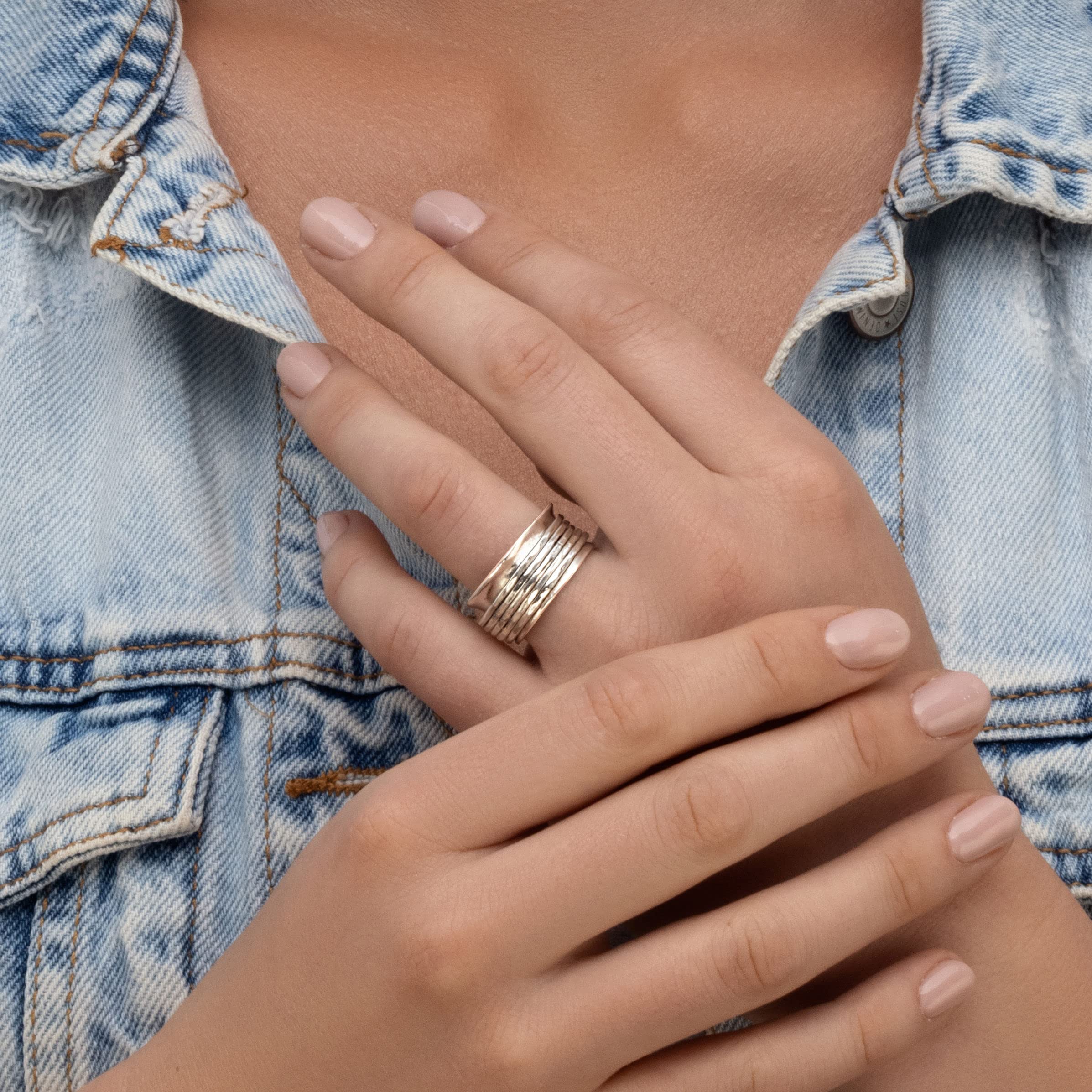 925 Sterling Silver Rotating Spinner Ring Wrapped With 5 Hammerd Spinner Rings, Stylish, Hypoallergenic, Nickel and Lead-free, Artisan Handcrafted Designer Collection, Made in Israel