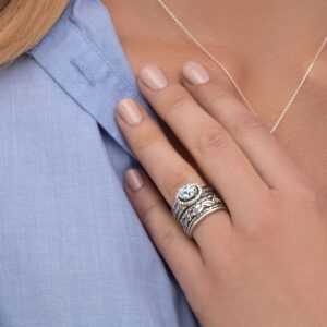 925 Sterling Silver Ring w/ White Cubic Zirconia Oval Shape Prong Multiple Bands Rich Stack Look Hypoallergenic Nickel and Lead-free Artisan Handcrafted Designer Collection, Made In Israel