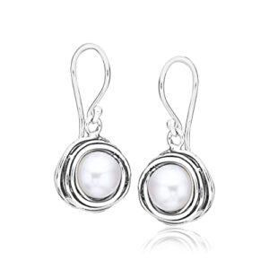 925 Sterling Silver Stud Earrings With A Fresh Water White Pearl, Wire Wrapped Bezel, Antique finish, Hypoallergenic, Nickel & Lead-free, Gift for Her, French Wire Earring Back, Pearl