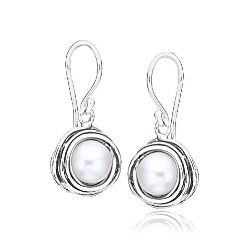 925 Sterling Silver Stud Earrings With A Fresh Water White Pearl, Wire Wrapped Bezel, Antique finish, Hypoallergenic, Nickel & Lead-free, Gift for Her, French Wire Earring Back, Pearl